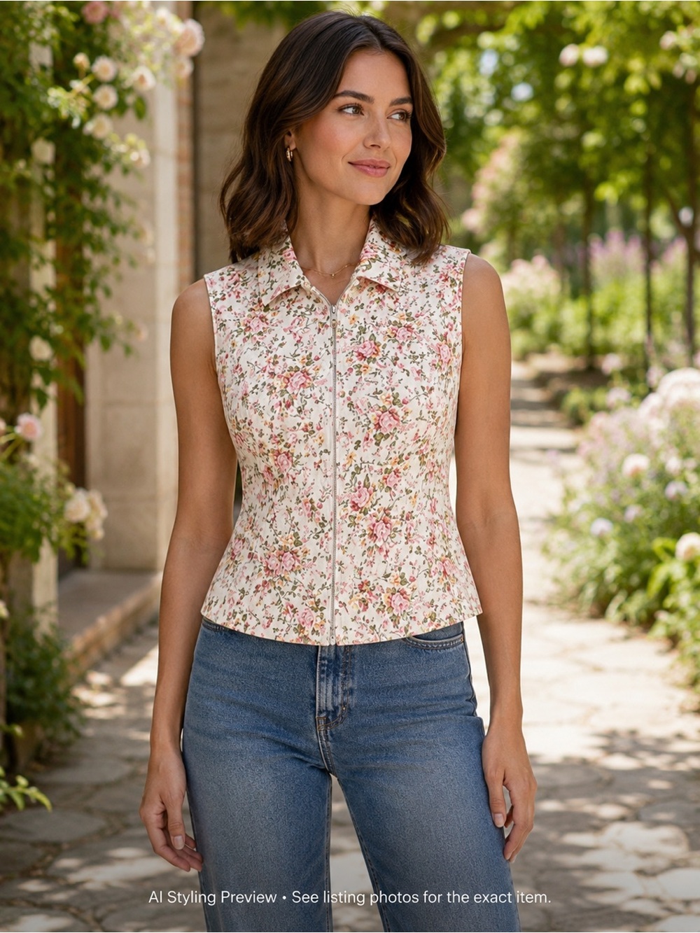 French Dressing Floral Zip Vest Women’s US 12 Cream Pink Cottagecore